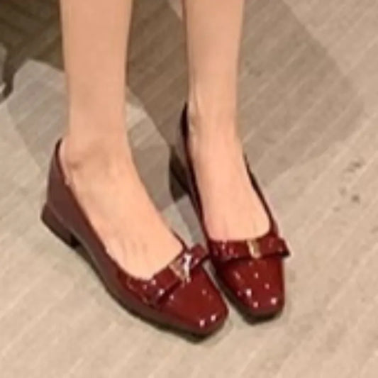 Women's Spring New Fashion Square Toe Designer Patent Leather High Heels Elegant Dress Party Bow Low Top Shoes 35--40 Size