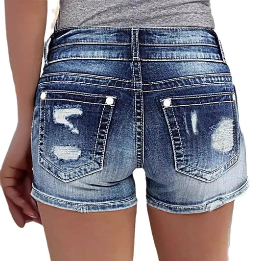 Street Trend Retro Double-button High-waisted Denim Shorts.New Summer Fashion Washed Ripped Stretch Casual Short Jeans for Women
