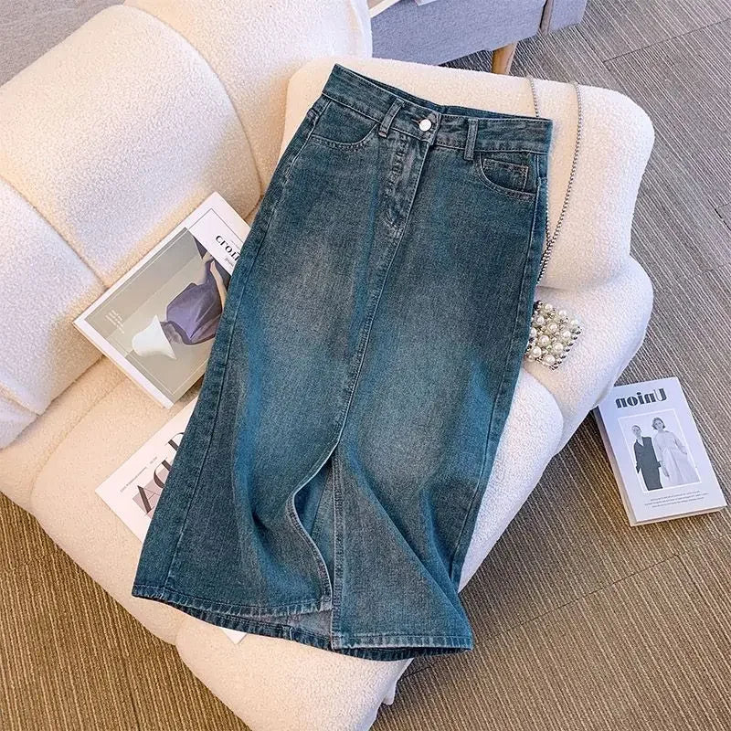 Wrap Women's Denim Skirt Blue Tight Female Jeans Skirts with Slit Luxury Elegant Stylish Premium Summer 2025 Modest Vintage Chic