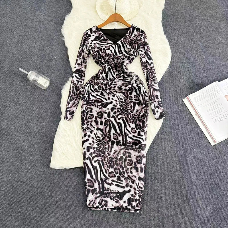 Mesh Print Women Maxi Dress V Neck Full Sleeve Bodycon Trendy Hipsters High Street Party Vintage Attirewear