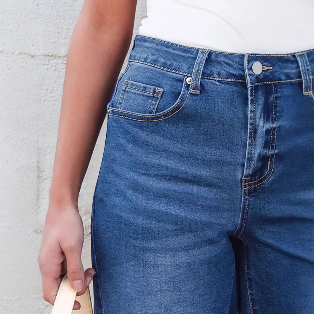 Denim Shorts Distressed Women Jean High Waist Trousers Knee Length Spliced Zipper Fly Washed Solid Pockets Casual Summer