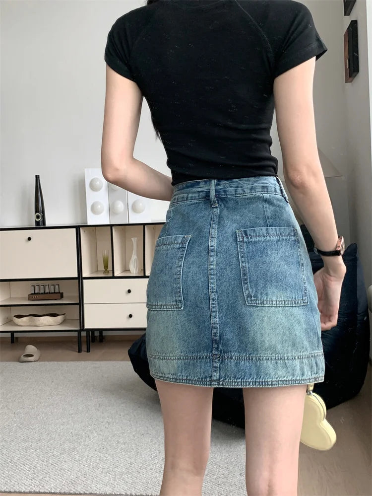 Y2K 2025 Summer Women's Jeans Skirt - Light Blue High Waist Denim Bodycon Mini Skirt with Lining Clubwear 2497