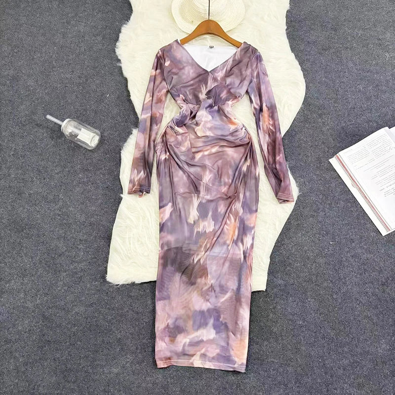 Mesh Print Women Maxi Dress V Neck Full Sleeve Bodycon Trendy Hipsters High Street Party Vintage Attirewear