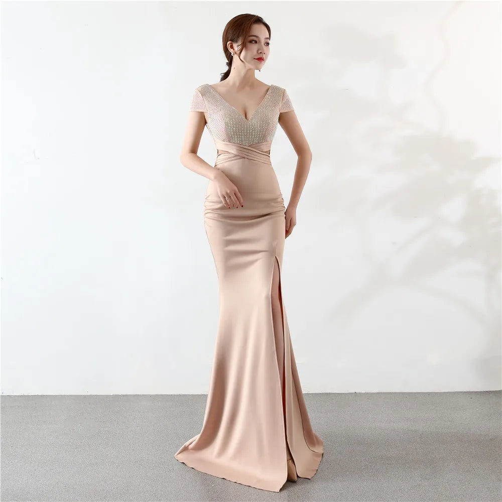 Customized Cap Sleeve V Neck Cross Waist Side Slit Backless Dress Cocktail Party Evening Gowns For Women