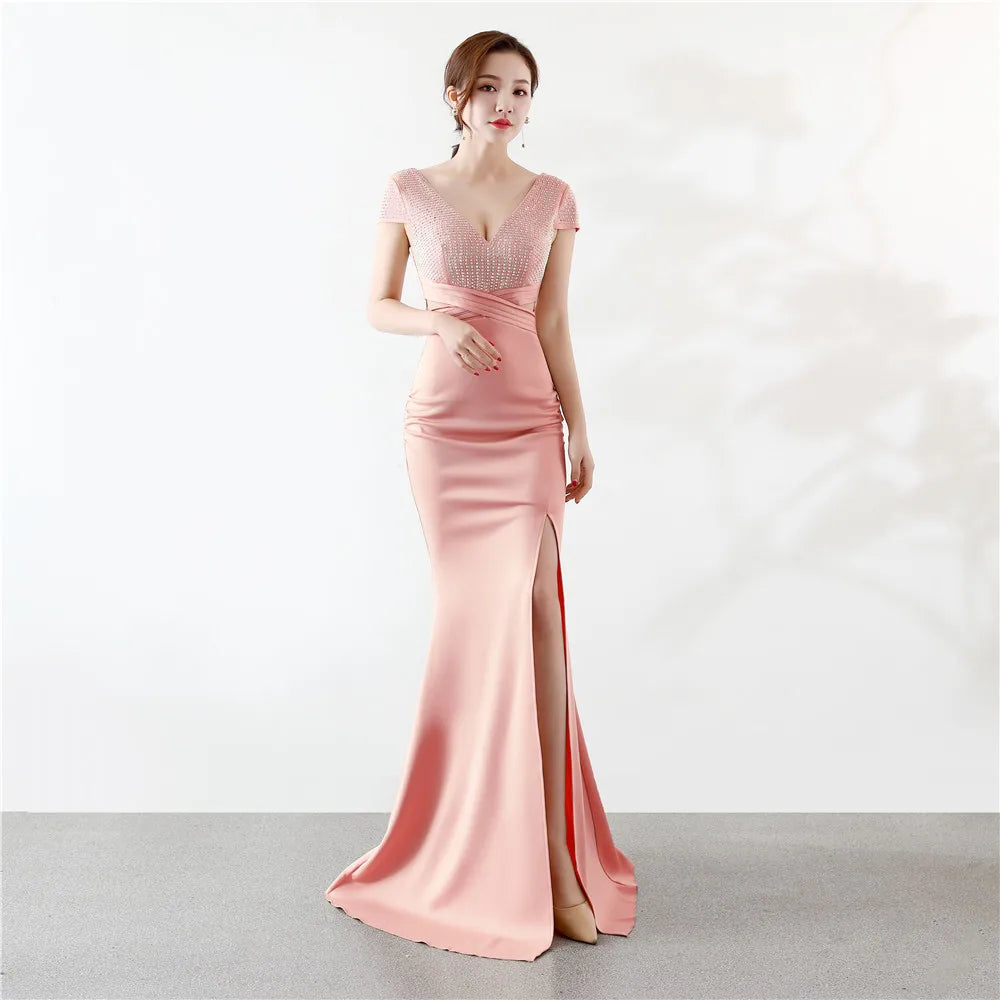Customized Cap Sleeve V Neck Cross Waist Side Slit Backless Dress Cocktail Party Evening Gowns For Women