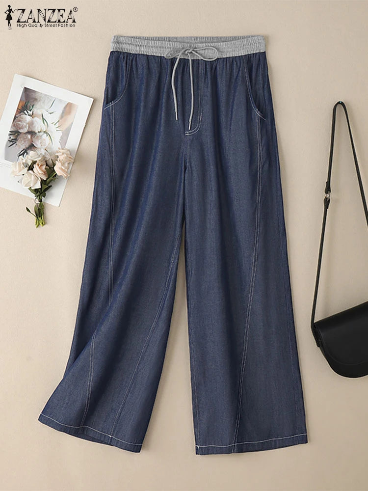 ZANZEA Women Denim Wide Leg Pants 2025 Casual Pockets Elastic Waist Long Pants Fashion Pleated Lace-up Trousers Loose Bottoms