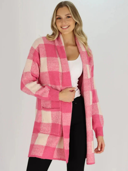 Rose red large size plaid striped sweater knitted long large lapel pocket casual commuting all-match cardigan