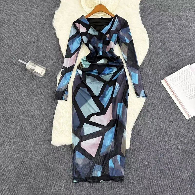 Mesh Print Women Maxi Dress V Neck Full Sleeve Bodycon Trendy Hipsters High Street Party Vintage Attirewear