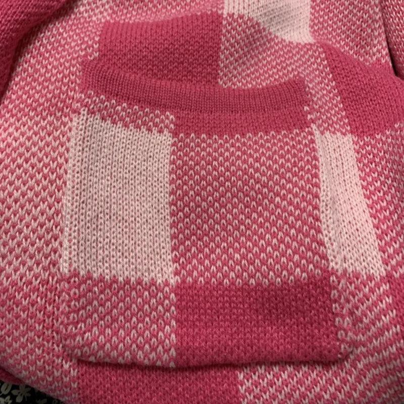 Rose red large size plaid striped sweater knitted long large lapel pocket casual commuting all-match cardigan