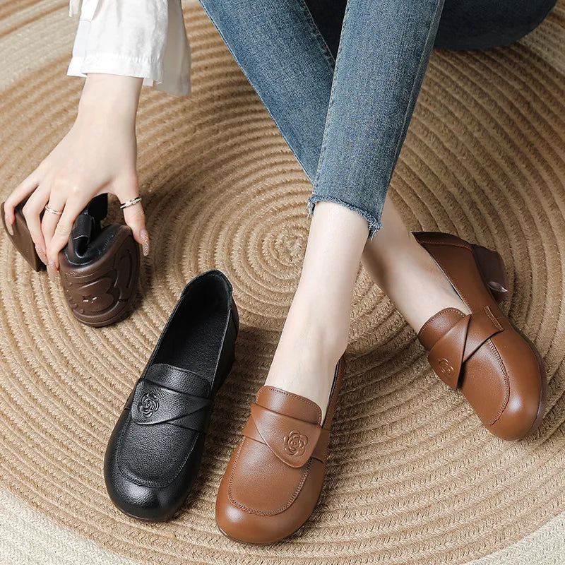 New antique chic rose pumps shoes women vintage heels genuine leather slip on shoes woman square heel pumps ladies dress shoes