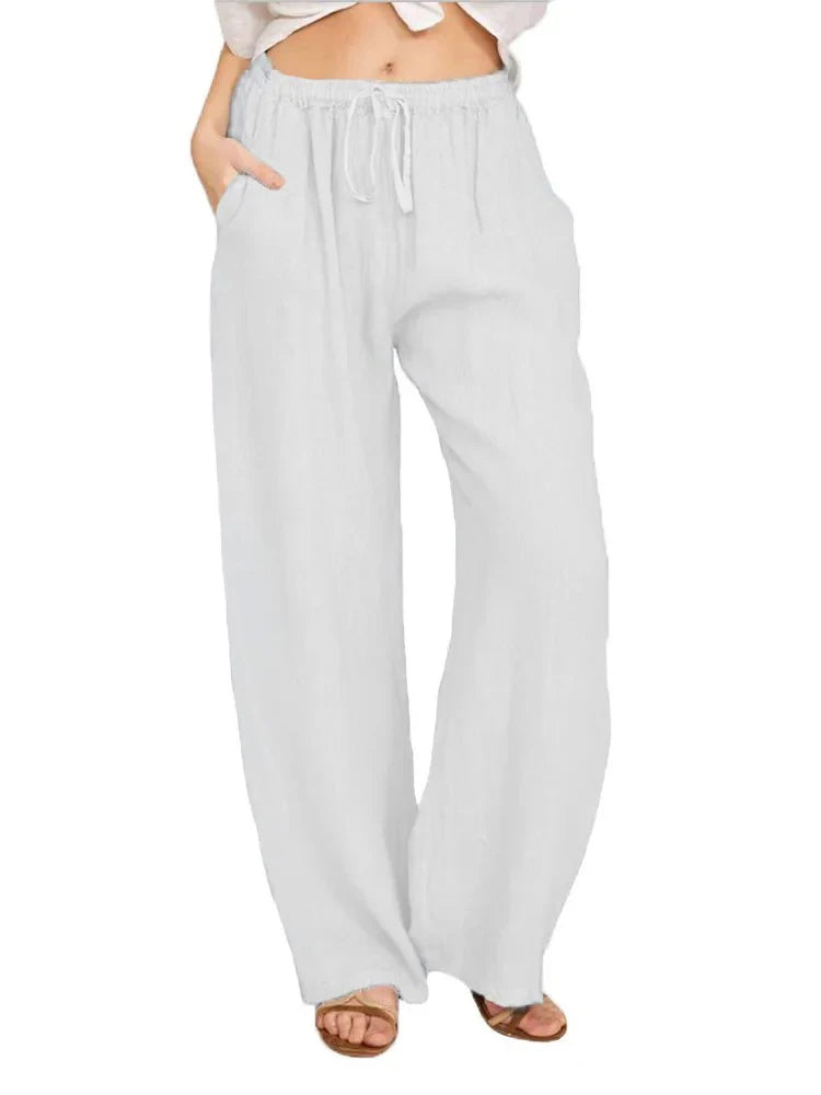 Casual Women's Cotton Linen Pants Solid High Waist Wide-Leg Trousers Female Summer Loose Breathable Sports Yoga Straight Pants