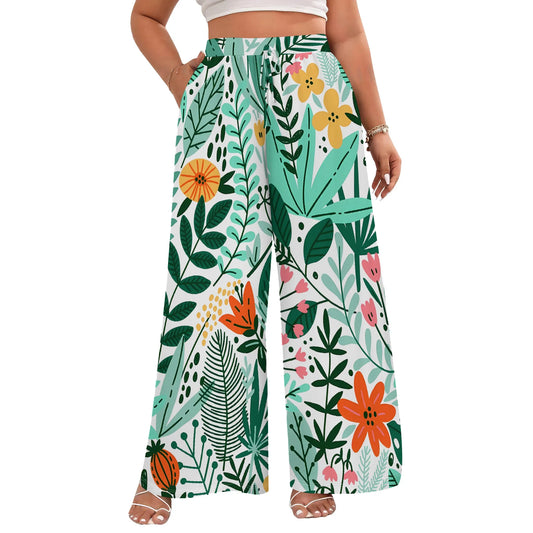 Nupusa Tropical Leaf Print Wide Leg Pants for Women Standard Size Summer Casual Drawstring Waist Trousers