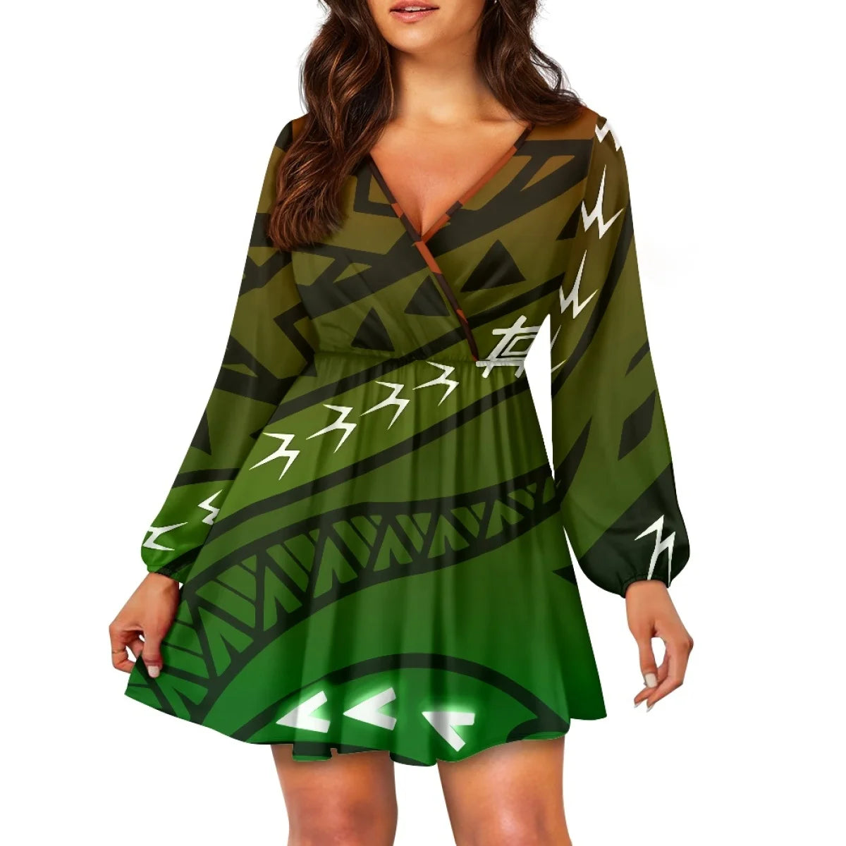 Teal Polynesian Tribal Design V Neck Dress Samoa Puletasi Plus Size Women's V Neck Dress Custom Island Style