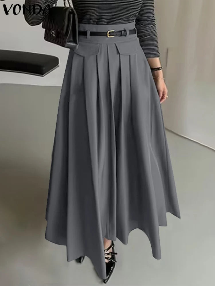 Plus Size 5XL VONDA Elegant Suit Pants 2025 Casual Solid Color Zipper High Waist Pleated Wide Leg Pants Baggy Loose Long Bottoms