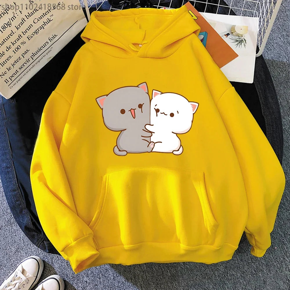 Kawaii Cat Hoodie Peach Funny Cute Sweatshirts Cartoon Print Clothing Women Aesthetic Spring Winter Pink Top Girls Hooded Female