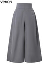 Plus Size 5XL VONDA Elegant Suit Pants Casual Solid Color Zipper High Waist Pleated Wide Leg Pants Baggy Loose Long Bottoms