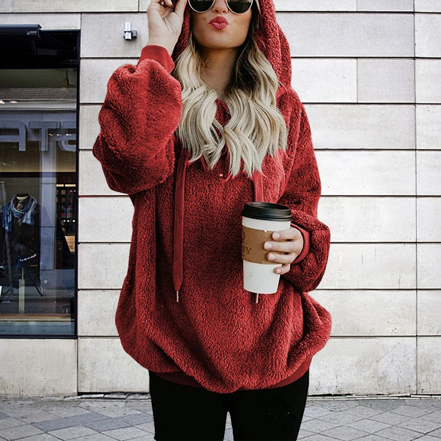 Plus Size Best Selling Plush Oversized Hooded Sweatshirt Half Open Front Women's Casual Drawstring Clothing Large Sizes