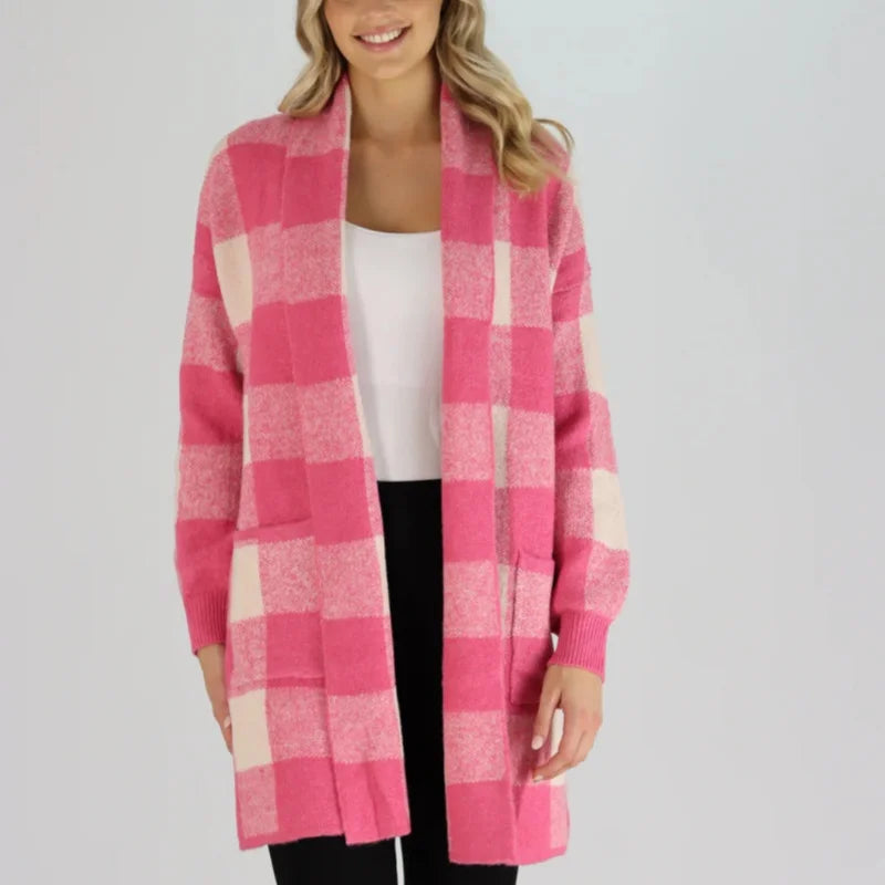 Rose red large size plaid striped sweater knitted long large lapel pocket casual commuting all-match cardigan