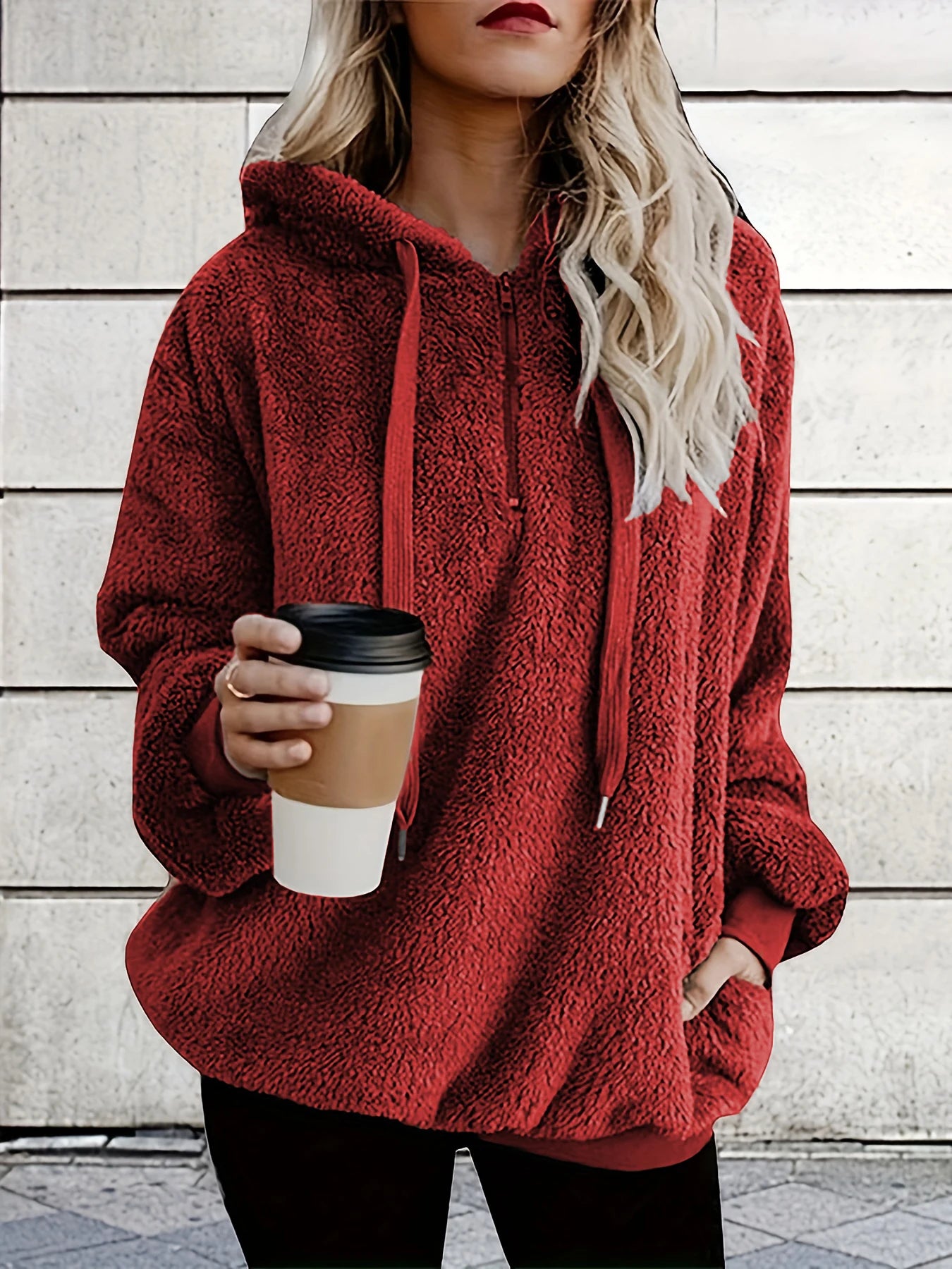Plus Size Best Selling Plush Oversized Hooded Sweatshirt Half Open Front Women's Casual Drawstring Clothing Large Sizes