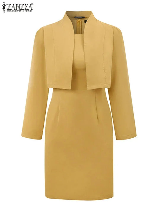 ZANZEA Elegant Women's Sets Office Lady 2-Pieces Dress Sets Blazer and Dress Outfits Fashion Suits Sleeveless Sundress