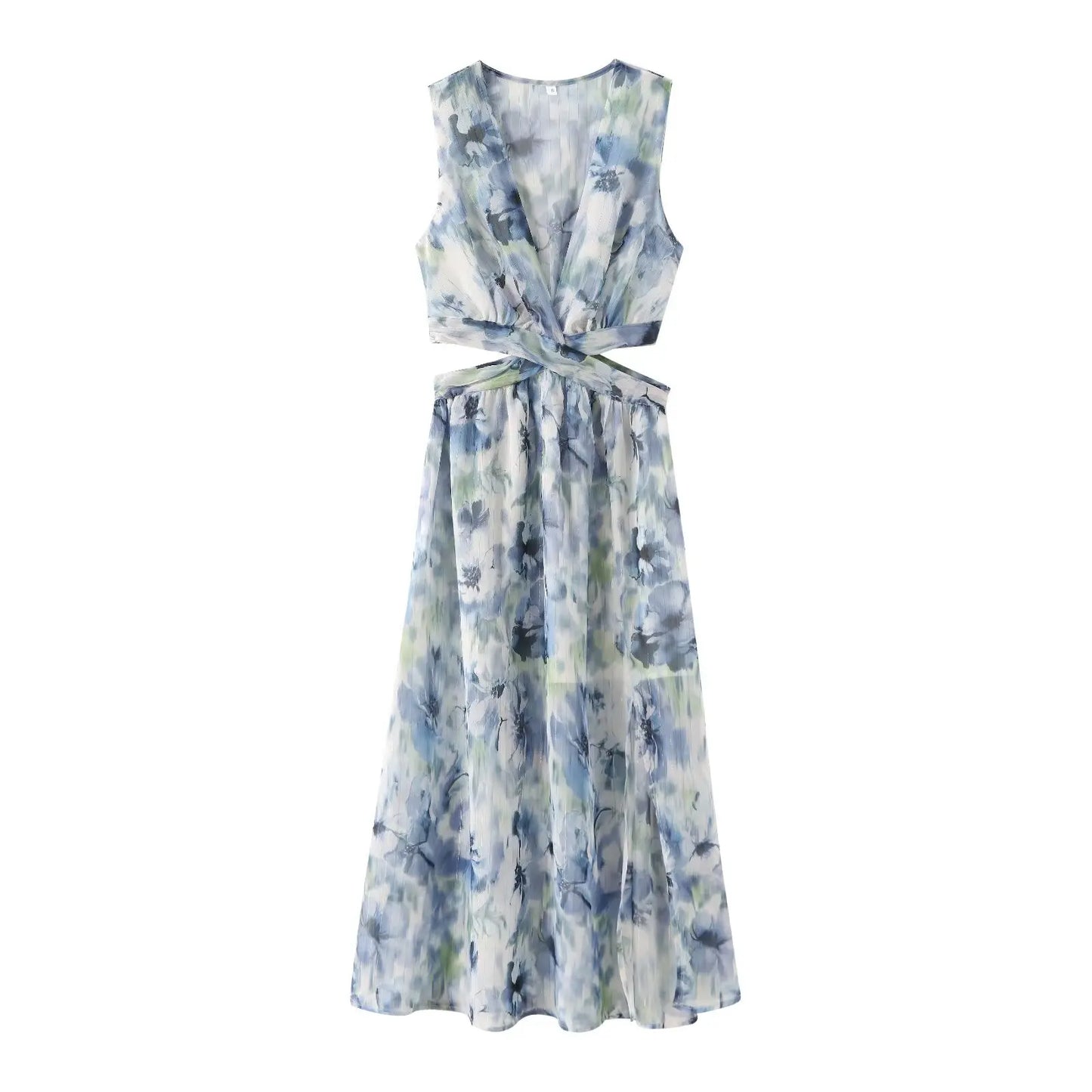 2024 Summer New Arrival Fashion Sweet Women's Flower Print Sleeveless Mid-length Skirt V-neck Waist-exposed Sexy Split Dress