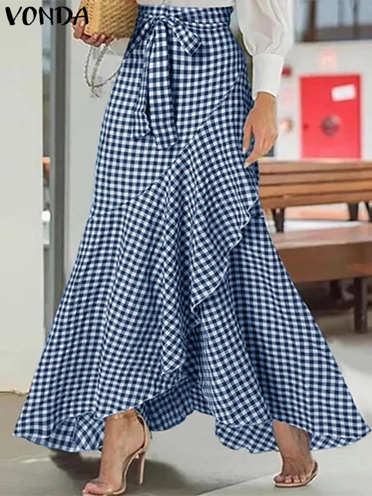 Plus Size 5XL VONDA Women Skirts 2025 Casual Waistband Split Asymmetric Skirts Elegant Plaid Overskirts Ruffled Office Bottom