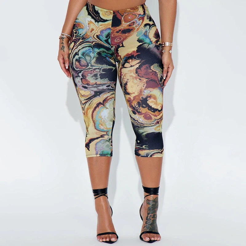 CUTENOVA Women'S Sexy Skinny Abstract Pattern Printed Elastic High Waisted Hip Wrap Elastic Seven Points Casual Sporty Pants