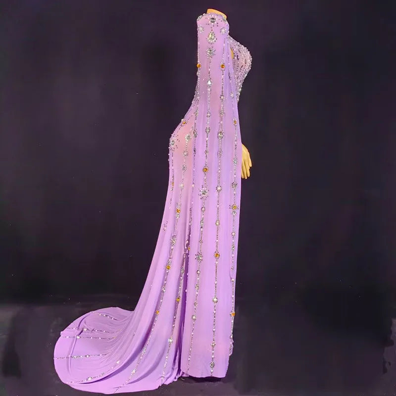 Purple Birthday Costume Diamond Performance Costume New Long Sleeve Shiny Diamond Purple Sexy Mopping Floor Noble Dress Women