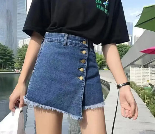 Summer Irregular High-waisted Denim Half Body Skirts, European and American Women's Fashionable Breasted Casual Denim Skirts
