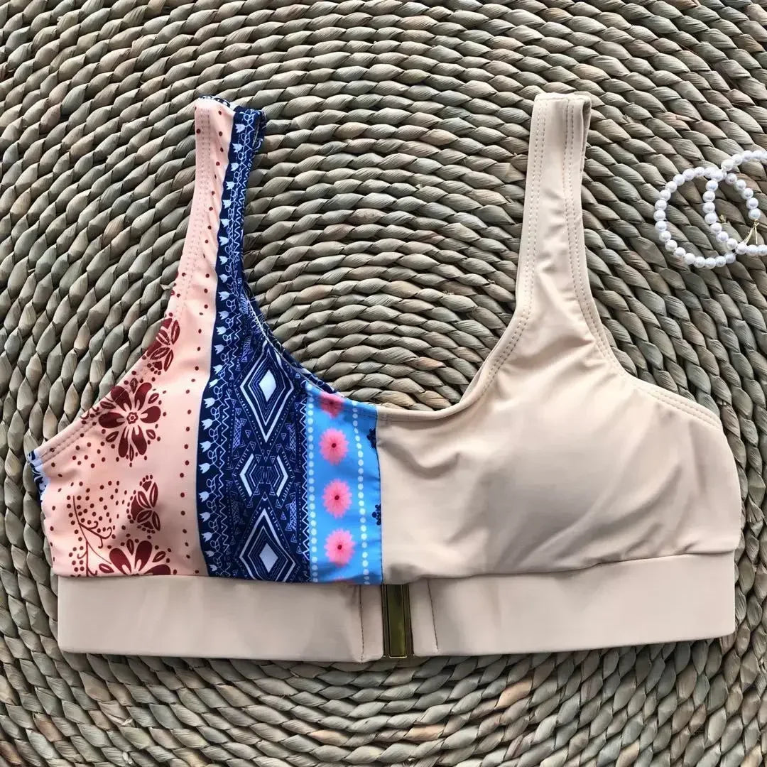 Sexy Bikini Top Women Push Up Swimwear Swimsuit Patchwork Print Sports Bra Bathing Suit Metal Buckle Crop Tops Banadores Mujer
