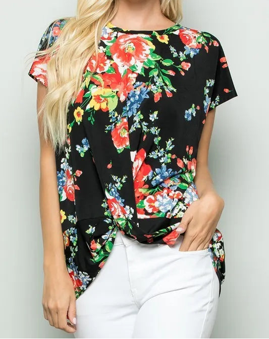 Black Floral Top - Front Knot (NP)