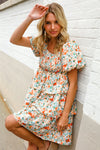Find Love Floral Print Smocked Neck Puff Sleeve Ruffle Tiered Dress