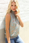 Dazzle In Teal Smocked High Neck Animal Print Sleeveless Top