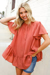 Diva Dreams Bronze Babydoll Flutter Sleeve Ruffle Hem Top