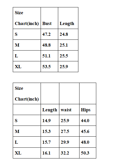 Size chart for clothing with bust, length, waist, and hips measurements.