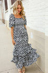 Look My Way Black/White Abstract Print Smocked Neck Maxi Dress