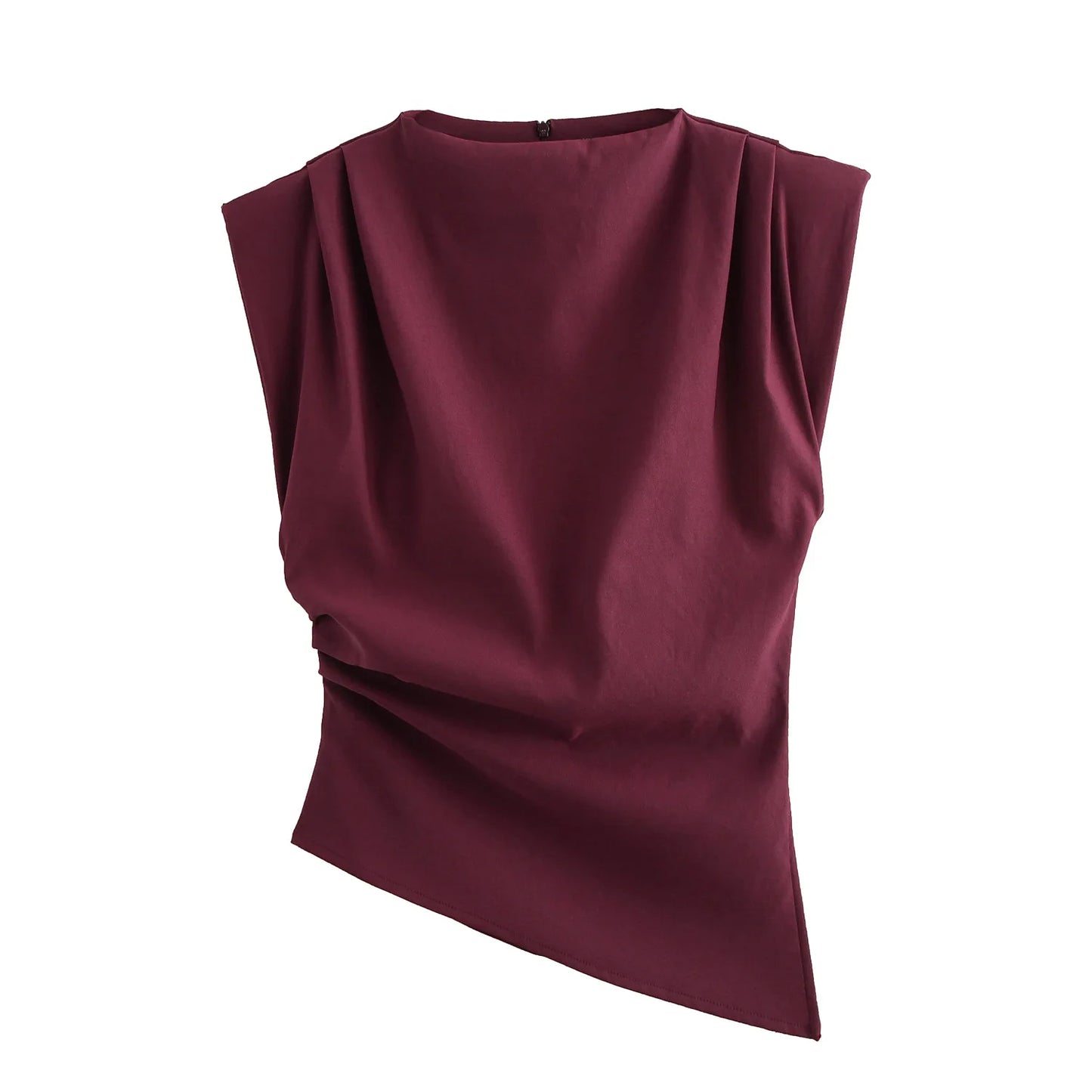 Summer Asymmetric Tank Women Wine Red/Brown/Black Ruched Sleeve Office&Party Tops Breathable Stretchy Slim Fit Streetwear