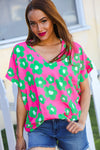 Spring Vibes Pink & Green Flower Print V Neck Short Sleeve Top