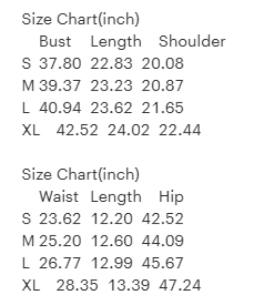 Size chart for clothing measurements in inches
