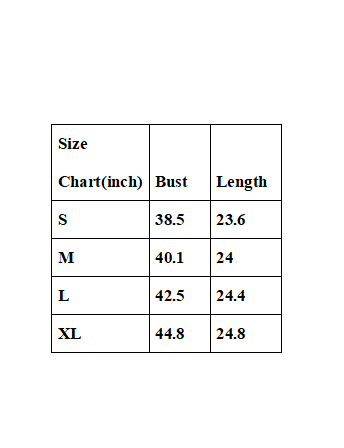 Size chart with bust and length measurements for different sizes.