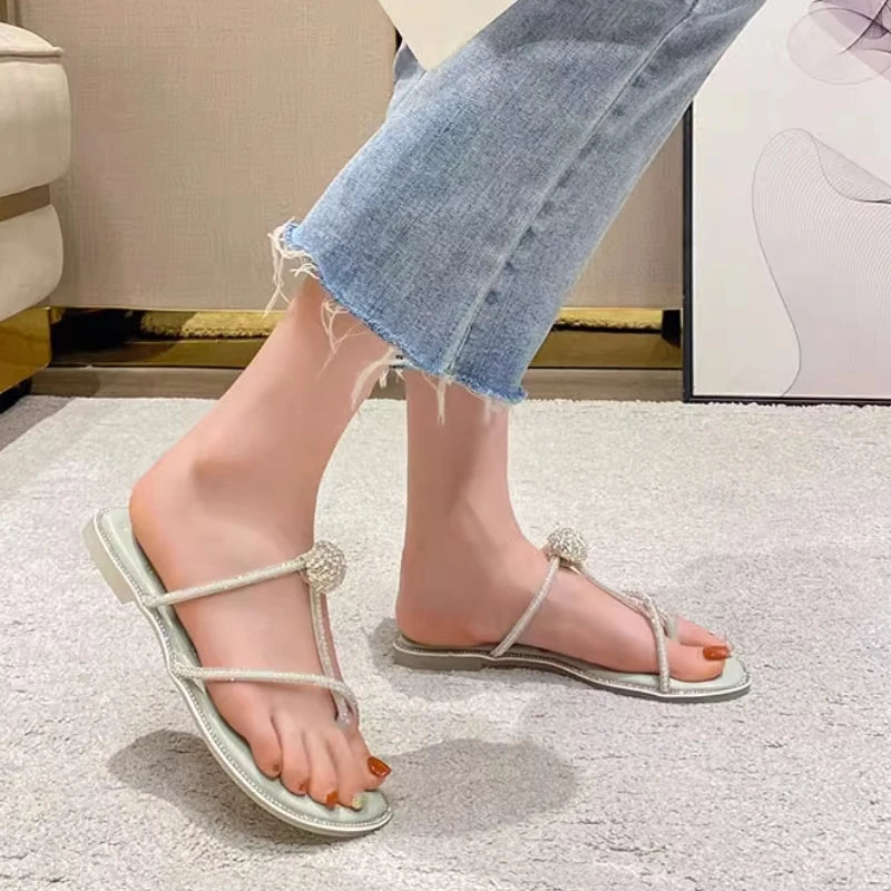 Summer 2025 New fairy-style flat, versatile diamond-encrusted slippers with toe clippers and pearl sandals women shoes