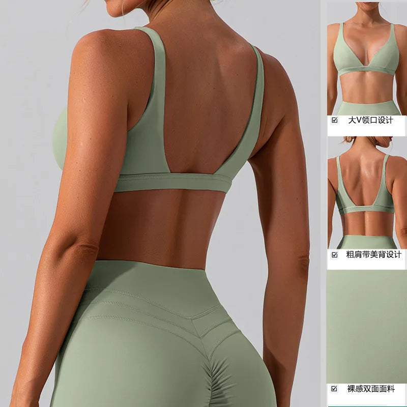 High Strength Nude V-neck Bra, Shock-absorbing and Tight Fitting Sports Bra, Pilates Running and Fitness Vest for Women