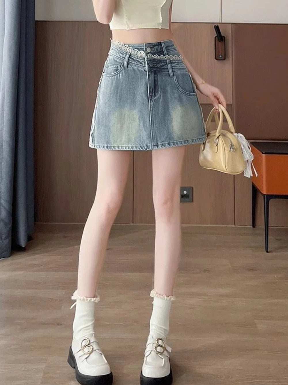 Vintage Lace Splicing Light Blue Jeans Skirts for Women Cheap Harajuku Y2k Modest Korean Style Premium Fashion Woman Denim Skirt