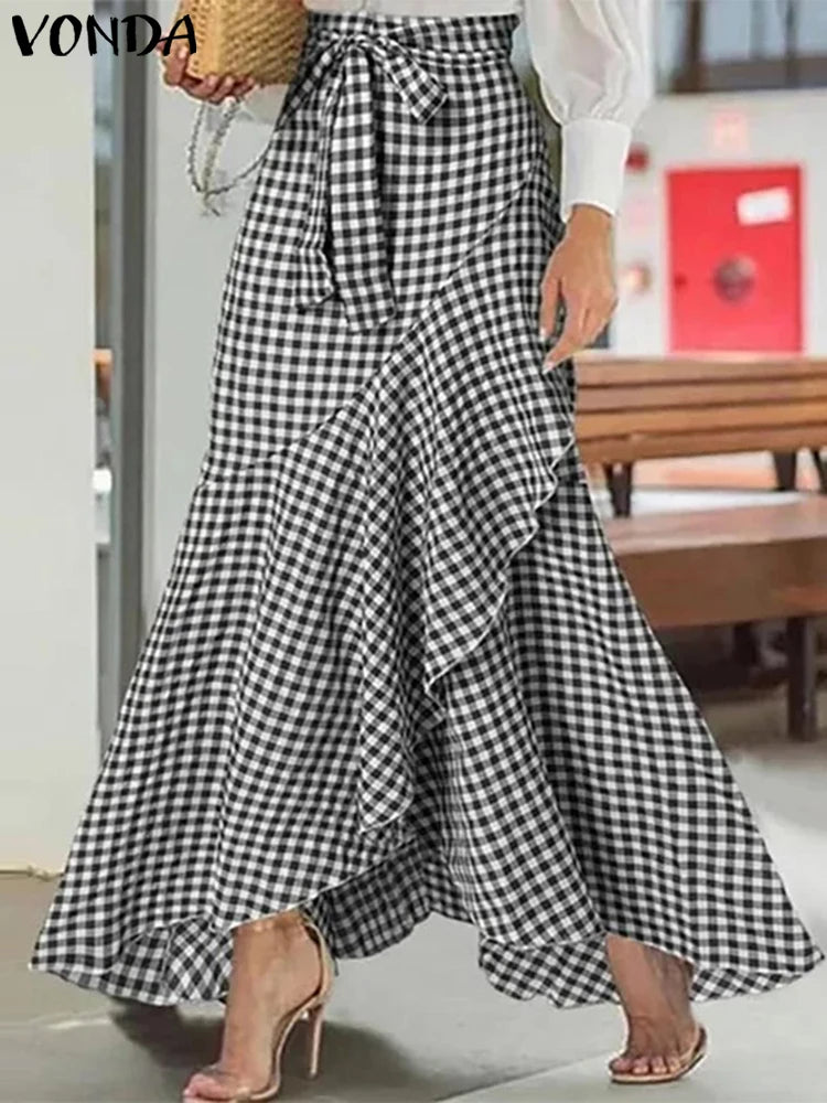 Plus Size 5XL VONDA Women Skirts 2025 Casual Waistband Split Asymmetric Skirts Elegant Plaid Overskirts Ruffled Office Bottom