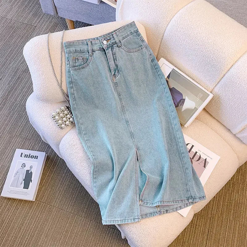 Wrap Women's Denim Skirt Blue Tight Female Jeans Skirts with Slit Luxury Elegant Stylish Premium Summer 2025 Modest Vintage Chic