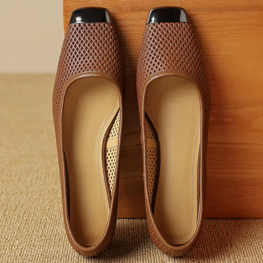 Plus size 34-41 women's hollow-out sheepskin slip-on summer breathable pumps metal toe 3cm kitten heel elegant ladies heels shoe