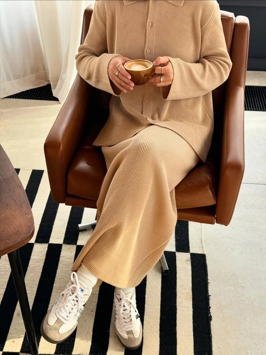 Women Knitted Outfits Casual Long Sleeve Lapel Sweater Cardigan+Loose Maxi Skirt Outfits 2025 Autumn Winter Two Piece Set