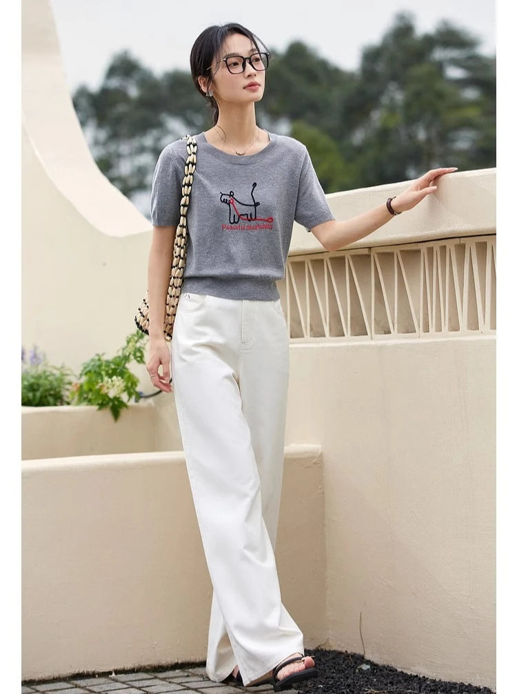 VIMLY Women's Summer Knit Tops Knitwear Fun Puppy Embroidered Short Sleeve T-Shirt 2025 Casual Crew Neck Knitted Sweater 75021
