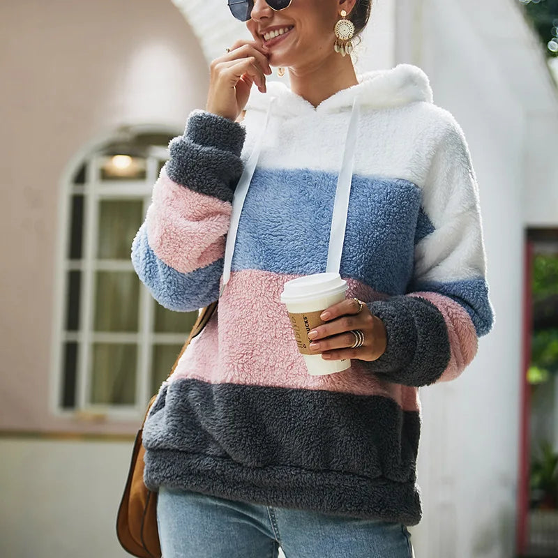 Autumn and winter new plus size women's hoodies fashion stitching striped plush casual coat.