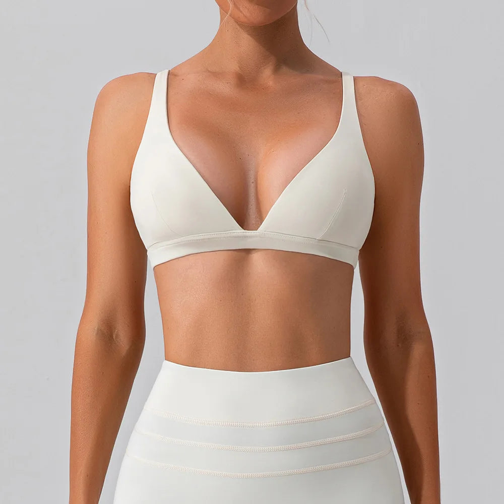 High Strength Nude V-neck Bra, Shock-absorbing and Tight Fitting Sports Bra, Pilates Running and Fitness Vest for Women